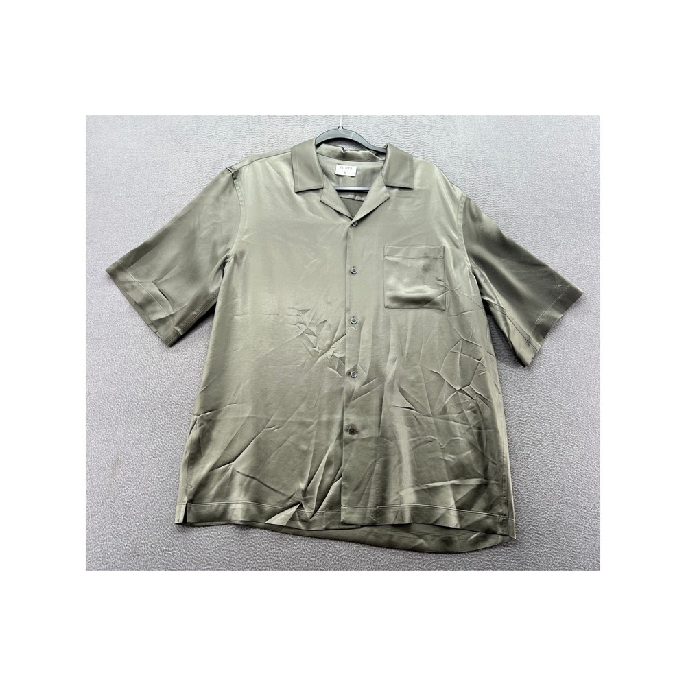 Filippa K Shirt Mens XL Olive Green Satin Camp Collar Short Sleeve Button Down